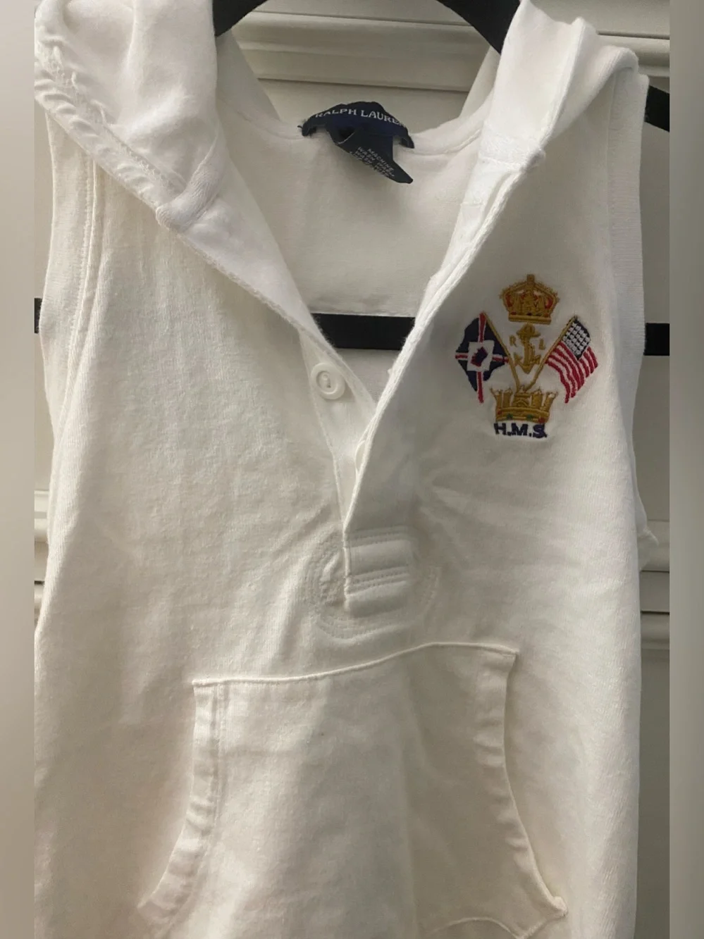 Ralph Lauren Girls White Sleeveless Hooded Nautical Crest Polo Dress 6X